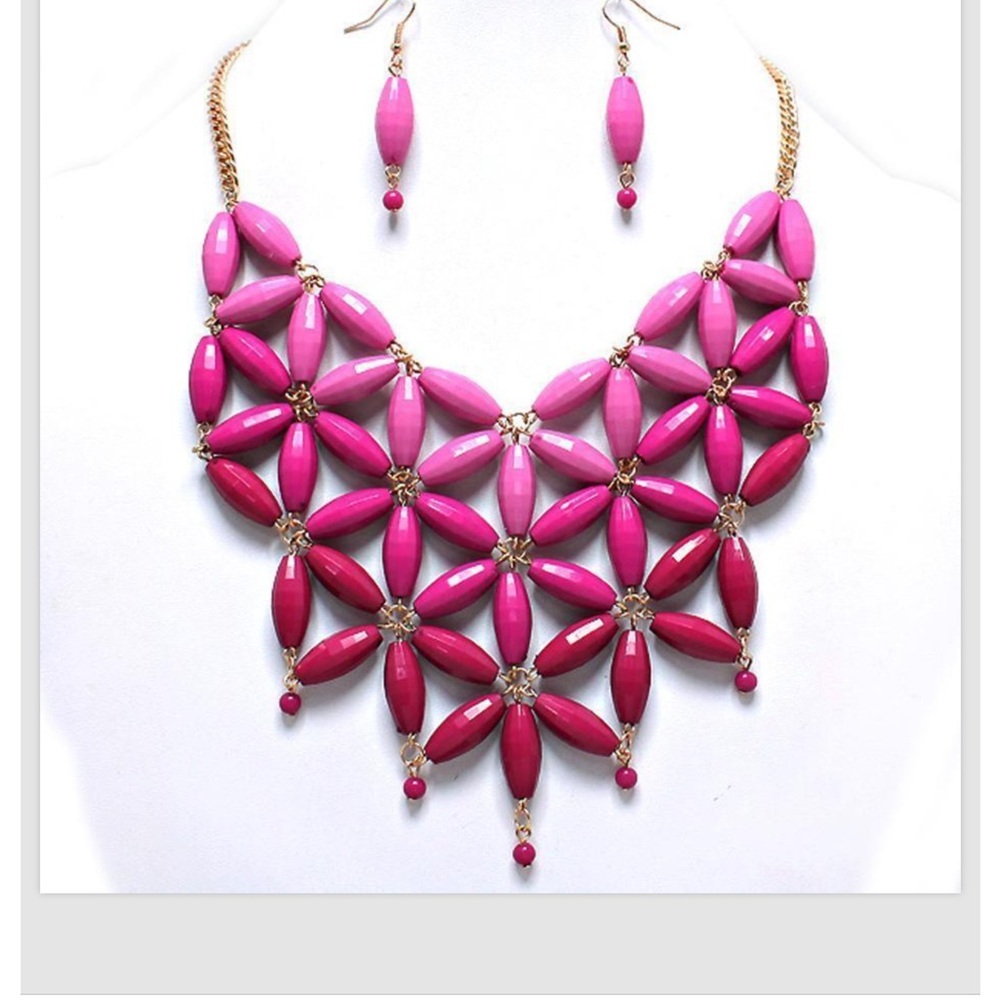 Pink Necklace Earrings Flower Bib Statement Jewelry Set Hombre